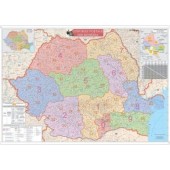 Harta plastifiata Romania coduri postale 100 x 70cm baghete lemn STIEFEL